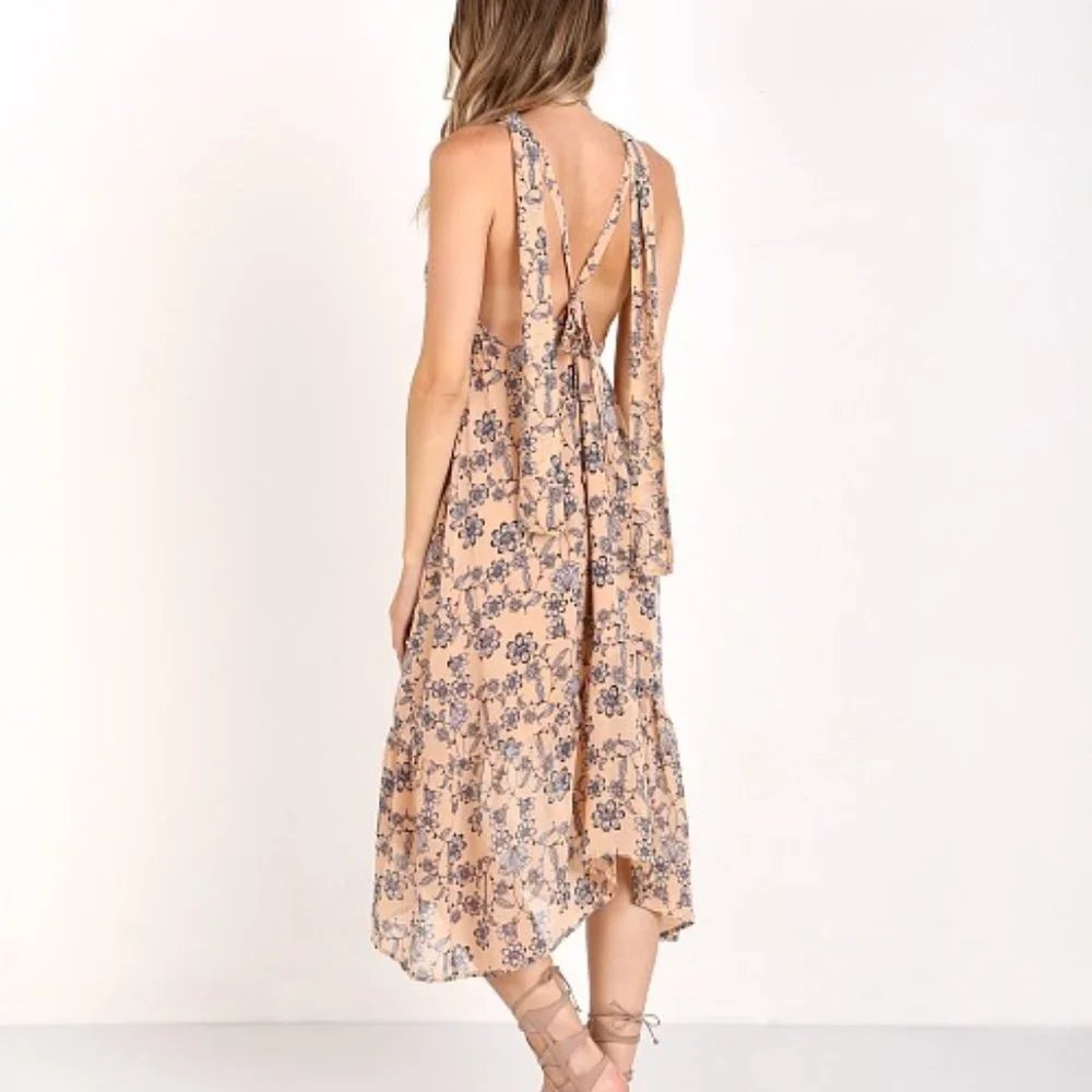 For Love & Lemons Pia Dress Pale Peach V-Neck Midi Low Back Adjustable Straps M - Picture 2 of 9